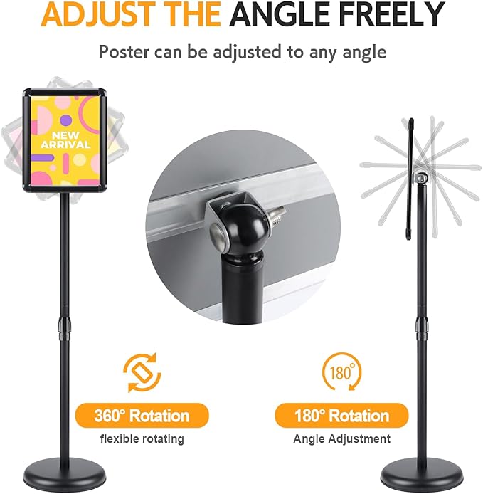 RedChili Floor Standing Sign Holder Stand, 8.5x11 Inches Stand Up Sign Holder with 360° Rotated Snap-Open Frame Height Adjustable Tall Sign Stand Vertical Horizontal View Display for Stores Schools Restaurants (Black, Round Corner)