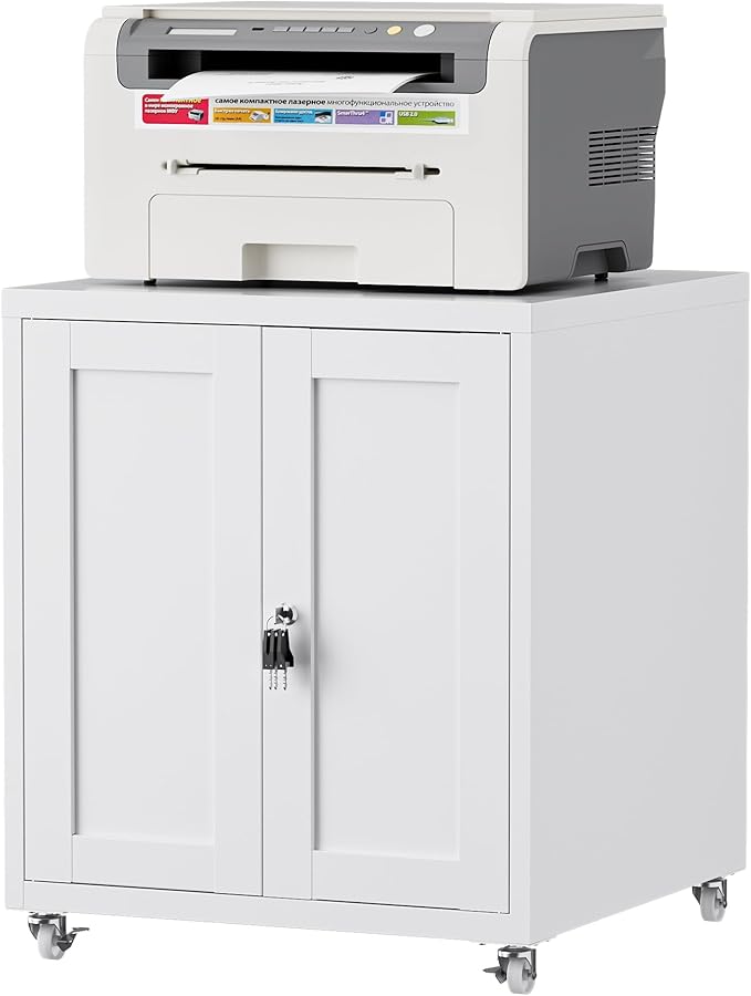 Large Printer Stand with Storage and Lock, 3D Heavy-Duty Printer Cabinet, Printer Table for Home Office with Doors and Adjustable Shelves, for Office Copier and Fax Machine, White