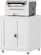 Large Printer Stand with Storage and Lock, 3D Heavy-Duty Printer Cabinet, Printer Table for Home Office with Doors and Adjustable Shelves, for Office Copier and Fax Machine, White