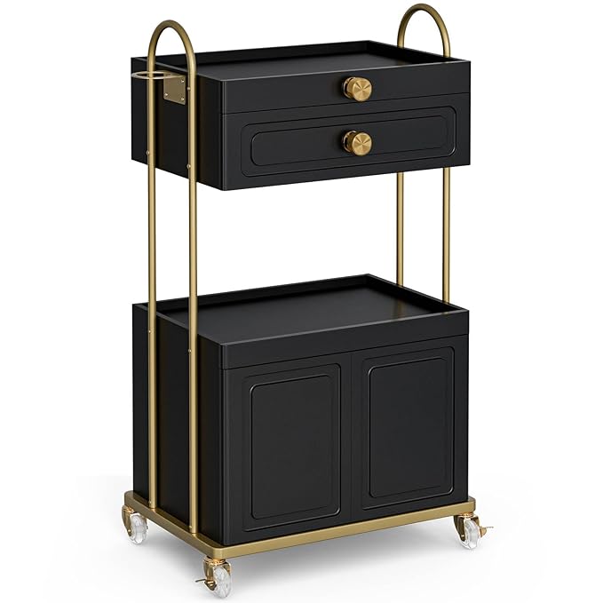 Salon Trolley Cart with Lockable Wheels, Salon Station Cabinet with Drawer & Cabinet for Hair Stylist Makeup Tool Organizer for Beauty Spa Barbershop (Black&Gold)