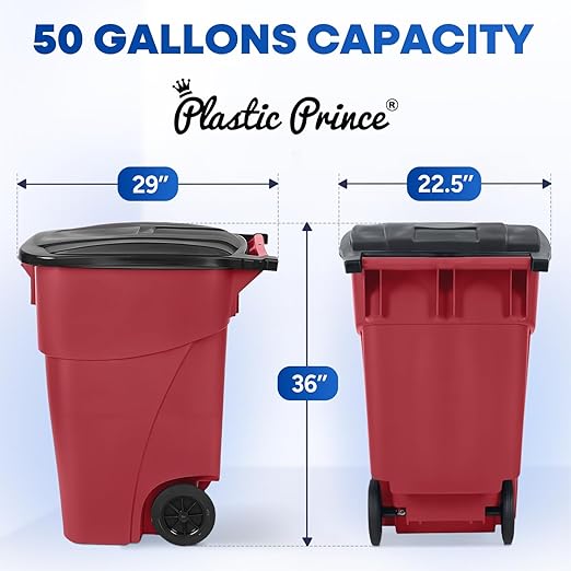 50 Gallon Trash Can, Red Outdoor Garbage Can, Wheeled Outside Trash Bin, Outdoor with Lid and Wheels, Large Rolling Trash Can, Garbage Can with Wheels for Home, Office, Garage