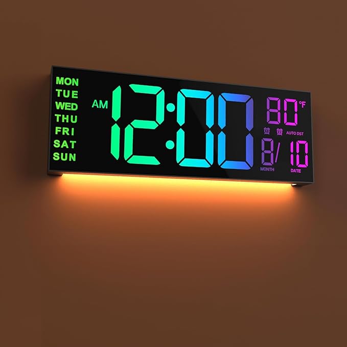 JALL 13" Large Digital Wall Mount Clock, Count Down Timer, Alarm, Big LED, 8 RGB Color, DST, Temperature for Living Room Classroom Desk, Xmas, Birthday Gift for Senior Mom Dad