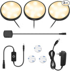 YGS-Tech LED Puck Lights, Under Cabinet Lighting Black Trim, 3000K Warm White, CRI90+, Touch Dimming, All Accessories Included, Under Counter Lighting for Kitchen, Closet Lights, Safe Light, 3-Pack