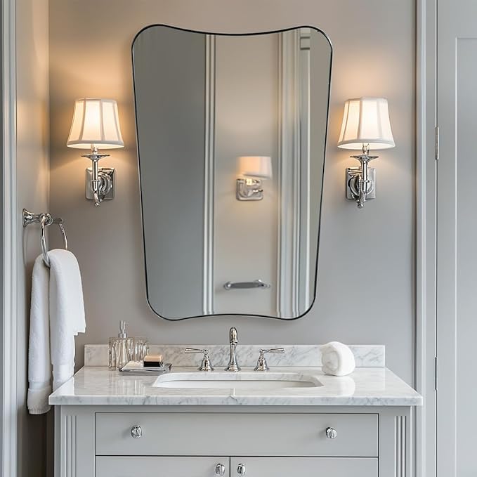 ANDY STAR Brushed Nickel Mirror, 26x38” Scalloped Bathroom Mirrors, Silver Bathroom Vanity Mirror, Modern Scalloped Edge Design in Rust-Proof Stainless Steel 1” Frame