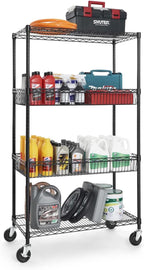 CAPHAUS NSF Commercial Heavy Duty 4 Tier Wire Shelving w/Two Rectangle Baskets, Wheels, Leveling Feet, Storage Metal Shelf, Basement Garage Shelving, Utility Wire Rack Storage Black