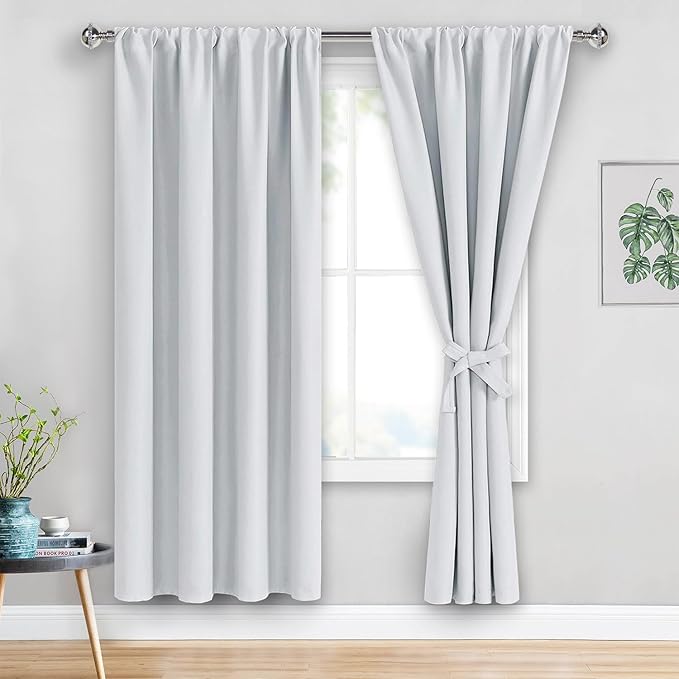 JIUZHEN Curtains for Bedroom - Room Darkening Thermal Curtains, Blackout Drapes Set of 2 Panels with Tiebacks, Light Blocking Curtains for Living Room, 42 x 72 Inches, Greyish White
