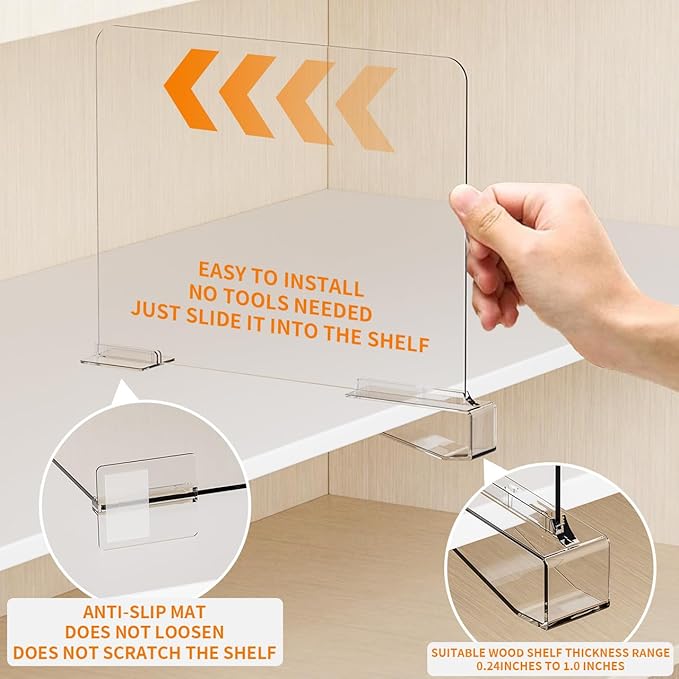 Yieach Adjustable Height Clear Shelf Dividers,4 Pack Acrylic Closet Shelf Dividers for Organization,11.1 Inch Tall Vertical Plastic Shelf Separators for Towel,Sweater,Towel Organizers and Bookshelf