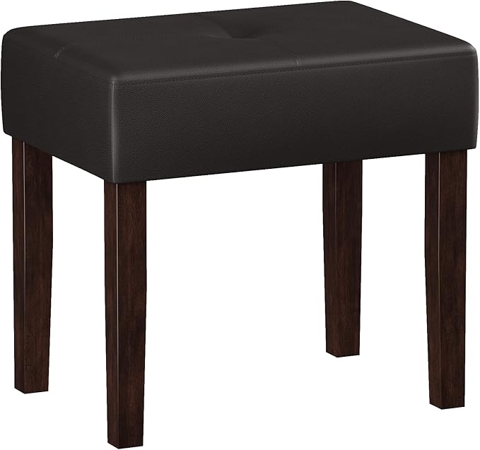 Leather Vanity Stool, 18.7 Inch Wide Rectangle Ottoman Bench for Makeup Room, Vanity Chair with Wood Legs for Piano Room, Bedroom,Living Room with Customizable (Cherry)
