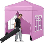Tangkula 6.5x6.5 FT Pop Up Canopy, UPF50+ Outdoor Canopy Tent with 2 Removable Sidewalls, 2 Zippered Doors, Heavy-Duty Carbon Steel Frame, Wheeled Bag, 4 Sandbags, 8 Stakes, 4 Wind Ropes (Pink)