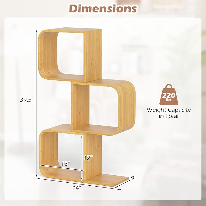 Giantex S-Shaped Bookcase, 3-Tier Bamboo Bookshelf with 3 Open Cubes, Geometric Corner Display Shelf, Decorative Storage Organizer, Floor Storage Rack for Living Room, Home Office, Natural