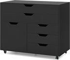 File Cabinet, Black Filing Cabinet w/Universal Wheels, Wood Printer Stand w/Storage, Rolling File Cabinets for Home Office, Living Dining Room (Black, 2 Large Drawers & 3 Small Drawers)