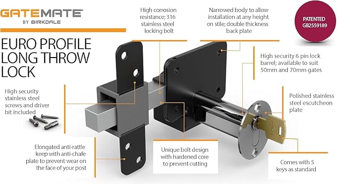 GATEMATE 2”(50mm) Single Locking Premium Long Throw Lock, High Security with Slide Bolt, Stainless Steel & Powder Coated, Corrosion Resistant, Elongated Keep for Gate Drop.