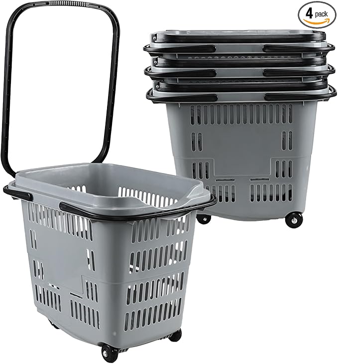 4 PCS Plastic Shopping Baskets with Wheels and Handles, 50 L Portable Rolling Shopping Basket Cart for Supermarkets and Retail Stores, Gray