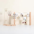 GemeShou 3 Tiers Beech Earring display stands for selling, Wooden Jewelry Shelf, Earring Storage Organizer, Brass earring holders with 42 holes for stud Dangle Hoop【Beech 3-Tier】