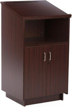 45.5" Tall Podium with Locking Cabinet, Shelf, 25" Angled Surface with Lip (Mahogany)