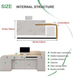Modern Reception Desk with Counter Front Reception Table with Hidden LED Lighting Commercial Receptionist Desk White and Wood Checkout Counter Fully Assembled and Ready to Use 87inch