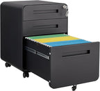 3 Drawer Mobile File Cabinet with Lock, Under Desk Metal Filing Cabinet for Home Office, Assembled Removable Under Desk Storage with Wheels for A4-Size/Letter-Size/Legal-Size (Black)