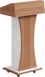 Mobile Wooden Podium Stand with Lockable Wheels Modern Presentation Blockboard Lectern Black Walnut Color with Storage Shelves for Office, Church, Classroom, Conference Room