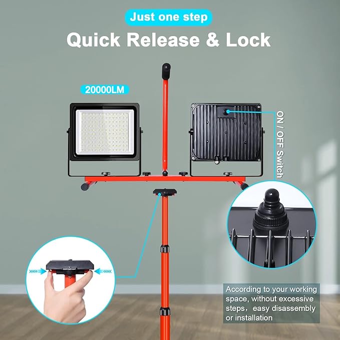LEDMO 26000 Lumen LED Work Lights on Stand Tripod,200W Bright 2 Adjustable Head Work Floodlights with Individual Switch,IP65 Waterproof Outdoor & Indoor for Job Site Workshop Security Fixture