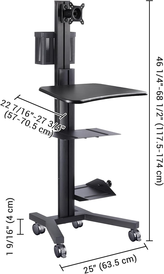 Yescom Mobile Computer Cart Rolling PC Stand Desk Workstation on Wheels with Monitor Mount Adjustable Keyboard Tray CPU Printer Holder for Hospital Clinic School Office Black