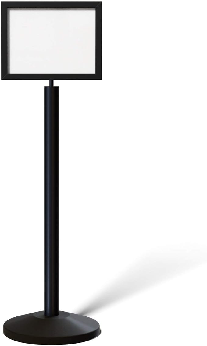 Crowd Control Warehouse Pedestal Standing Floor Sign Frame with Sloped Base, 11 x 14 Inch Horizontal, Black Powder Coated Steel