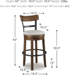 Signature Design by Ashley Valebeck | 30″ Farmhouse Pub-Height Swivel Barstool With Back – Upholstered Cushion, Nailhead Trim, Metal & Wood Frame, Brown