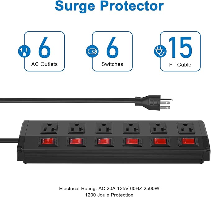 CCCEI Metal Power Strip Individual Switches 6 Outlets, Heavy Duty Power Strip 20Amp Surge Protector for Appliances, 15FT Extension Cord Strip, 1200J Surge Protector 20A 125V 2500W.