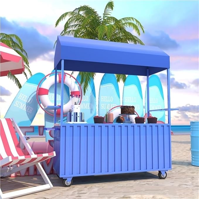Outdoor Food Vendor Cart with Canopy, Portable Mobile Street Food Stand, Foldable Commercial Vending Trolley Kiosk for Markets and Events(Blue,47.2in)