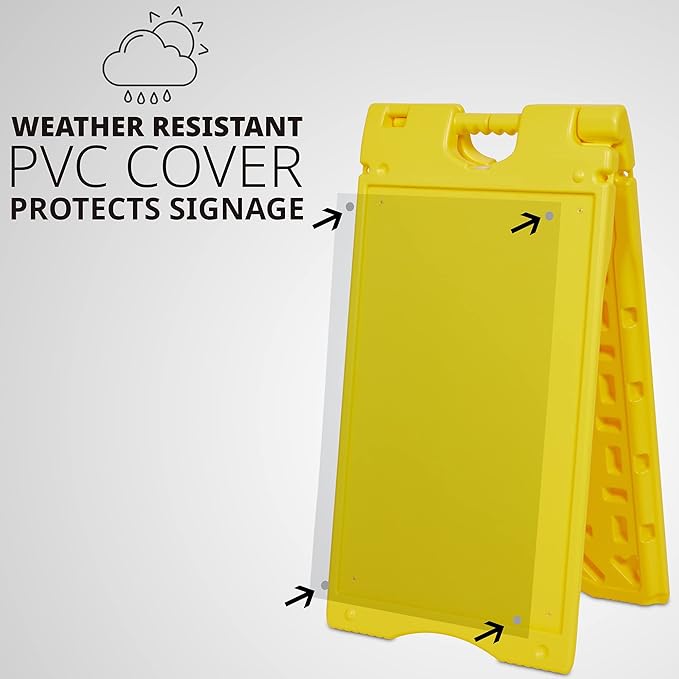 Jumbl A-Frame Signboard 15.7” x 26” Display Surface – Small Outdoor Sandwich Board w/Weather Resistant PVC Sign Protector & Sand Fill Holes – Dual Signage Stand for Storefront Sidewalk Curb (Yellow)