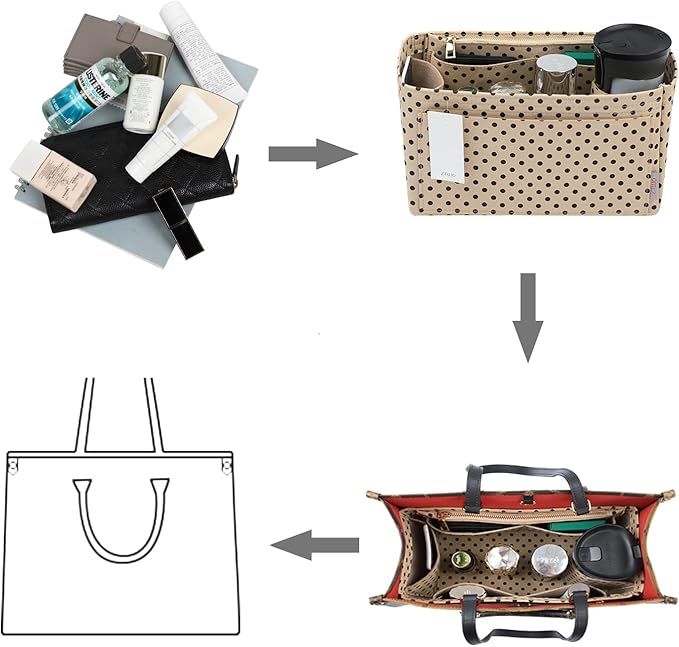 ZTUJO Purse Organizer Insert For Handbags, Silky Touching Bag Organizer Insert With Bottle Holder, Perfect for Speedy, Neverfull, Tote,ONTHEGO,Artsy,Handbag and More (Medium, Brown polk dots Beige)