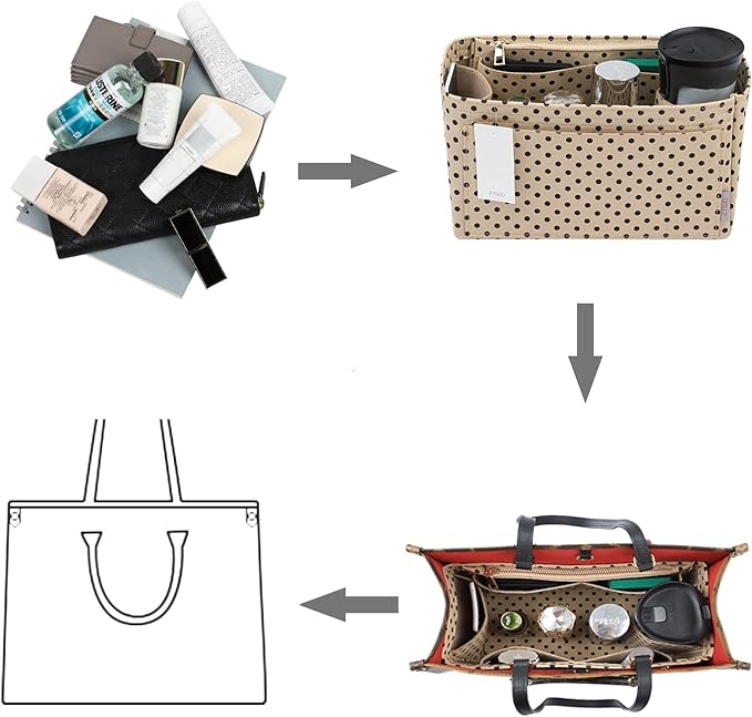 Purse Organizer Insert For Handbags, Silky Touching Bag Organizer Insert With Bottle Holder, Perfect for Speedy, Neverfull, Tote,ONTHEGO ,Artsy,Handbag and More (Slender Medium, Brown polk dots Beige)