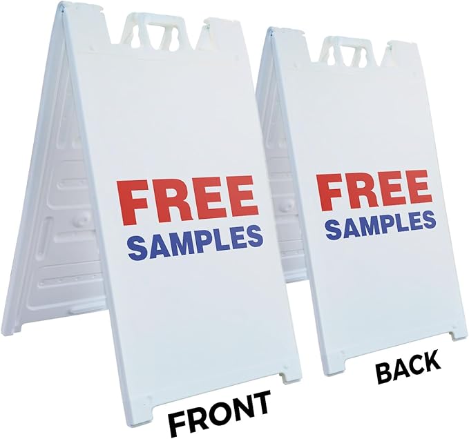 Free Samples 24" x 36" Double Sided A-Frame Sidewalk Sign Includes 2 Installed Decal Foldable Portable White Signicade Sandwich Board Retail Promotions Customer Incentives Business Signage Made in USA