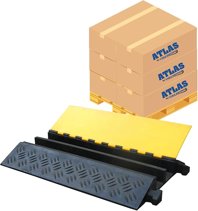 Kable Kontrol Atlas Heavy Duty Cable Protector Ramp - 2 Channel Bulk Wholesale Pallet - 20 Pcs - 35” Long Black & Yellow – 32000 Lbs Capacity - Rubber Speed Bump Wire Protector Cord Cover – CP9985