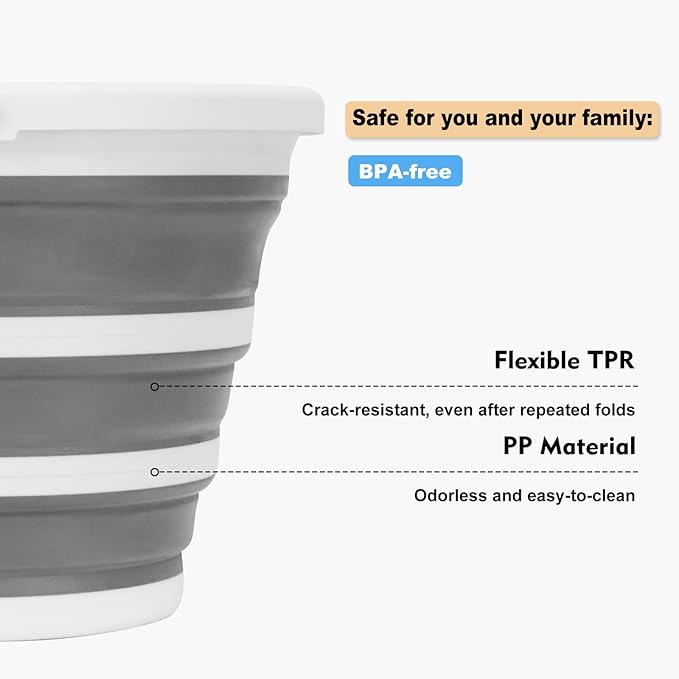Collapsible Bucket with Handle, 2.6 Gallon Foldable Water Bucket for Car Wash, Cleaning, Camping and Outdoor, Gray and White