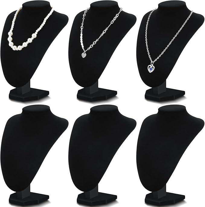 6 Pcs Necklace Display Stand Necklace Holder Jewelry Bust Display Stands for Selling Home Store Trade Shows Photography Props Retail(Black,Velvet)