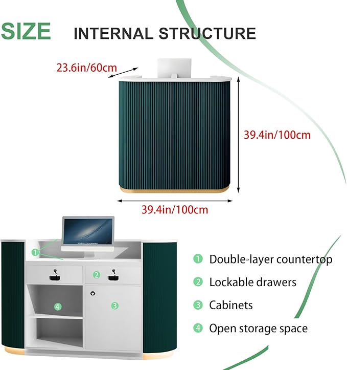 Small Reception Desk with Drawer and Cabinet Front Desk Receptionist Counter No Assembly Required Reception Room Tables Retail Checkout Counter for Shop Office Salon Lobby Green 39inch