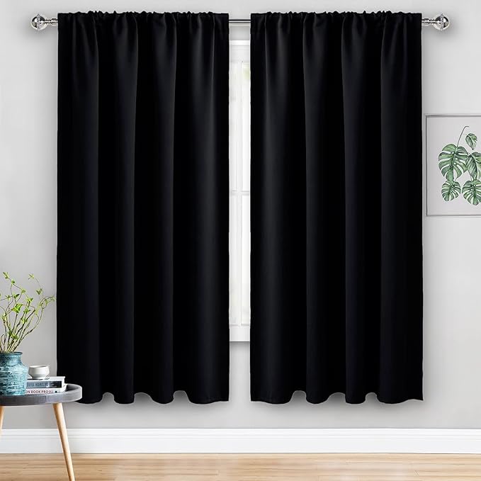 JIUZHEN Blackout Curtains for Bedroom - 60 Inch Wide Thermal Insulated Room Darkening Privacy Soundproof Curtains for Living Room, Set of 2 Panels with Tiebacks, 60 x 63 inches, Black