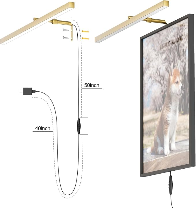 24" Plug in Picture Light for Paintings with Remote Control, 9W LED Art Display Lighting for Gallery, Dartboard, Artwork, Gold Finish Wall Mounted Picture Frame Light