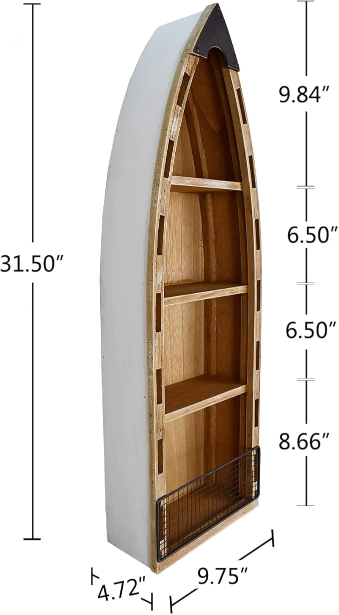 Wood Hanging Boat Shelf Nautical 4-Tiered Shelves for Living Room Bathroom Bedroom - Beach Themed Decorative Bookcase Wooden Wall Art Ornament Display Shelf Rustic Coastal Home Decor