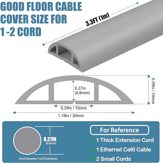 Floor Cord Covers for Wires 3.3FT Cable Hider Wire Cover Self Adhesive Cord Hider Floor for Offices, Homes, Workshops, Warehouses Cable Cavity 0.39" W x 0.27" H