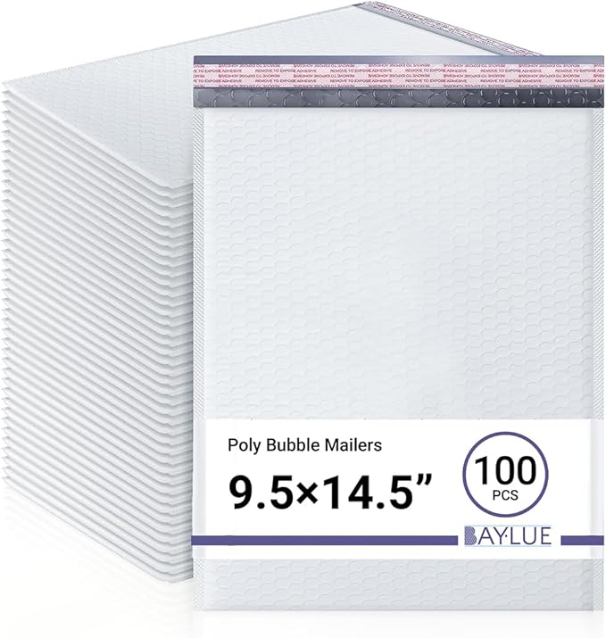 White 9.5x14.5 Inch Poly Bubble Mailers #4 | Self Seal Large Padded Envelopes | Air Cushioned Bubble Mailer | Usable Size 9.5x13 Inch | Waterproof Lightweight Mailing Shipping Bags | 100 Pack Bulk