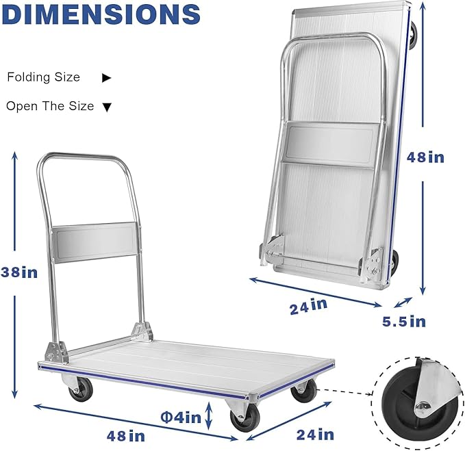 LEADALLWAY 48" L X 24" W Super Large Foldable Push Cart Aluminum Alloy Platform Cart with 4-Wheel 1000lbs