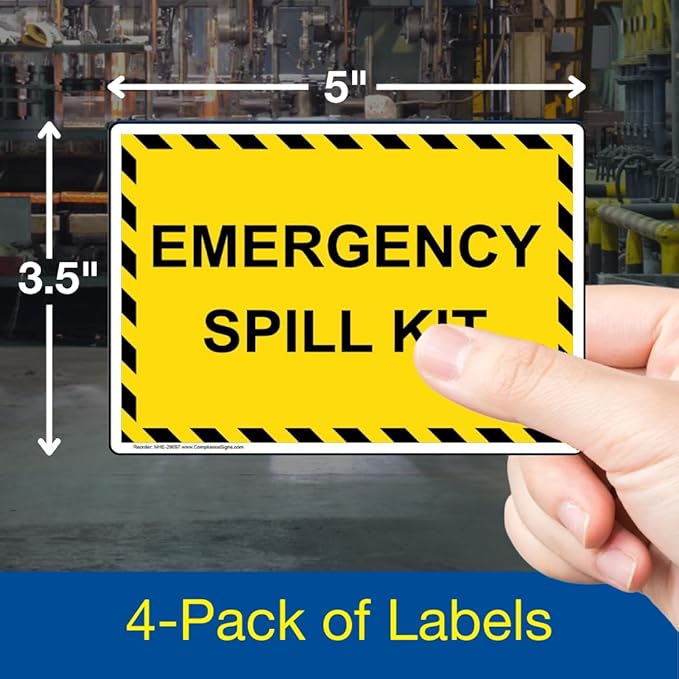 ComplianceSigns.com Emergency Spill Kit Label Decal, 5 x 3.5 inch 4-Pack Vinyl for Hazmat Industrial Notices Facilities, American Made Safety Stickers