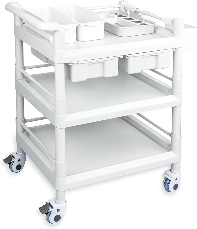 Medical Mobile Trolley Cart 3 Tier 500 Lbs Spacious Beauty Salon Rolling Trolley with Dirt Buckets Drawers 360°Rotate Wheels Heavy Duty Medical Utility Cart for Hospital Dental Clinic
