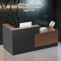 L-Shaped Modern Reception Desk with Counter & Storage - 84" Large Office Front Desk, Salon Checkout Counter with Lockable Cabinets, Shelves (Brown & Black, Left - 84''L x 34''W x 41''H)