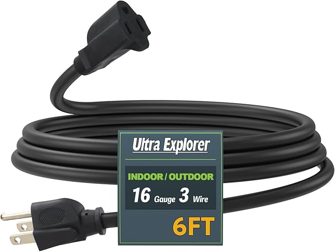 6 Ft Indoor Outdoor Black Extension Cord, 16/3 SJTW Heavy Duty Water-Resistant, 3 Prong Grounded Plug Power Cord for Home Appliance, Lights and Lawn, 13A 1625W, UL Listed