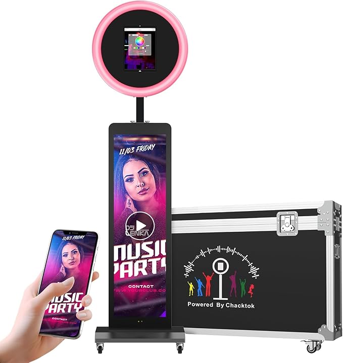 HARZHI LCD Screen Photo Booth, Compatible with Any Ipad, 1080P Intelligent Split Screen Ipad Photo Booth for Wedding Party Software APP Control Ring Light, 38'' Portable Flight Case Black