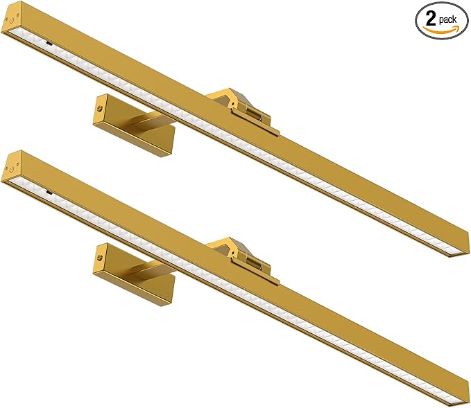 Picture Lights for Wall, 2PCS 24in Battery Operated Picture Light for Paintings CCT Dimmable Recharging Battery Wall Lamp with Remote Control for Living Room Gallery Dartboard Gold Color