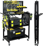 Lumizone Rolling Tool Cart with Wheels and Pegboard Hooks Folding Utility Service Cart for Garage Organizer Storage Foldable Power Tool Organization on Wheels Heavy Duty Frame (Tool Cart+Hooks)