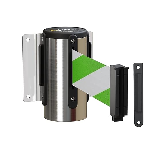Montour Line WM115 Wall Mounted Retractable Belt Barrier with Standard Belt End, Fixed Mount, Polished Stainless Steel Casing (8.5 ft Green and White Diagonal Belt)